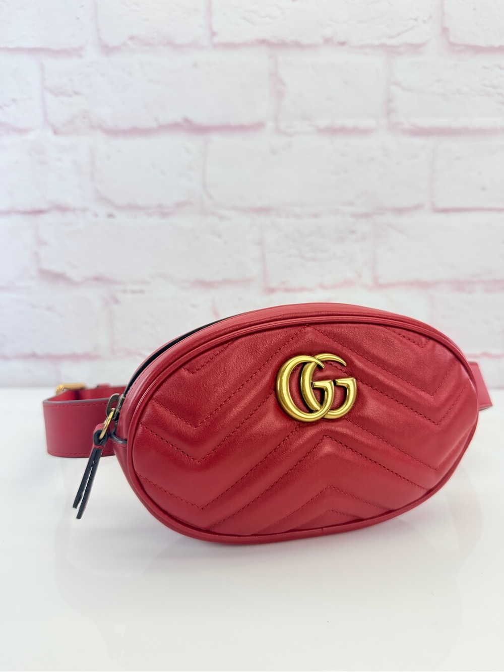 Authentic Gucci Marmont Matelasse Red Leather Fanny Waist Bag